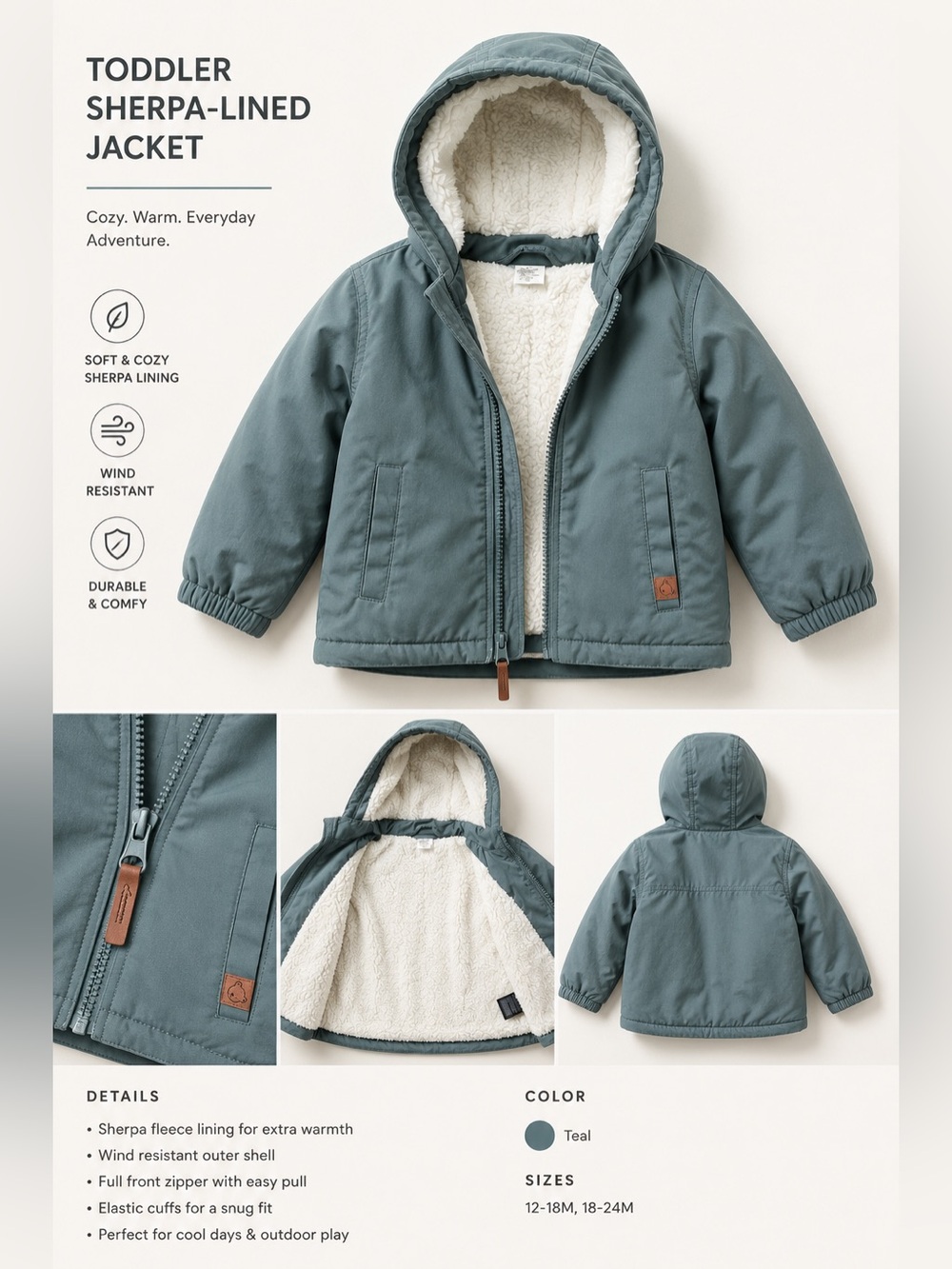 H&M Toddler Sherpa-Lined Hooded Jacket | Sage Green | Size 12–18M, winter coat